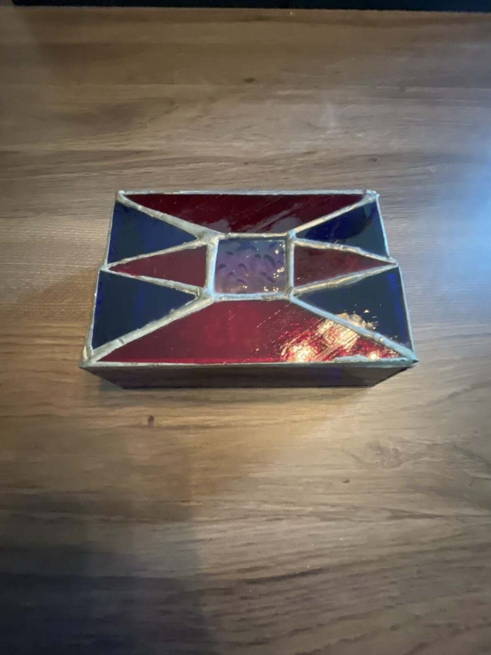 Vintage Stained Glass Jewelry Trinket Box Red and Blue Geometric